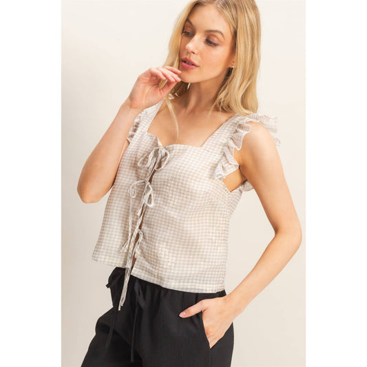 Embroidered Gingham Tie Front Top