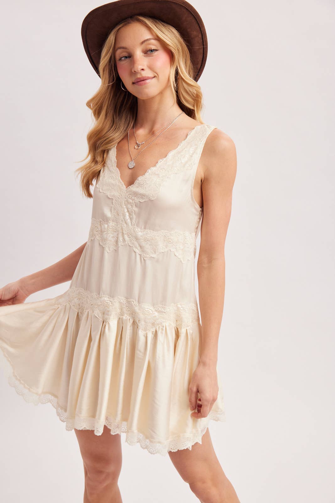 SATIN SLIP V-NECK LACE TRIMMED BABYDOLL MINI DRESS