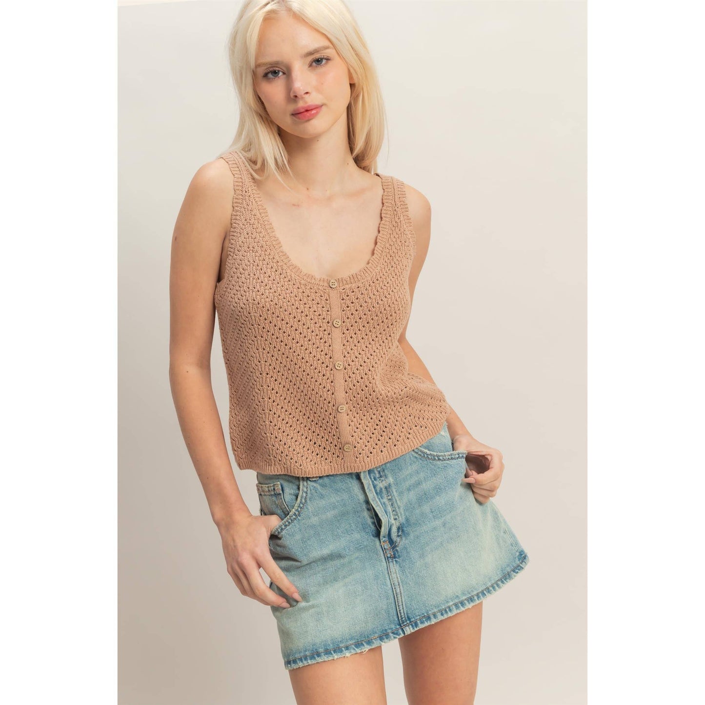 Open Knit Scallop Edge Button Front Tank Top