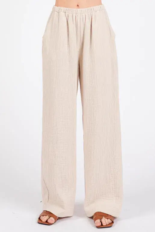 Gauze Waist Elastic Wide Leg Pants - NP70166B