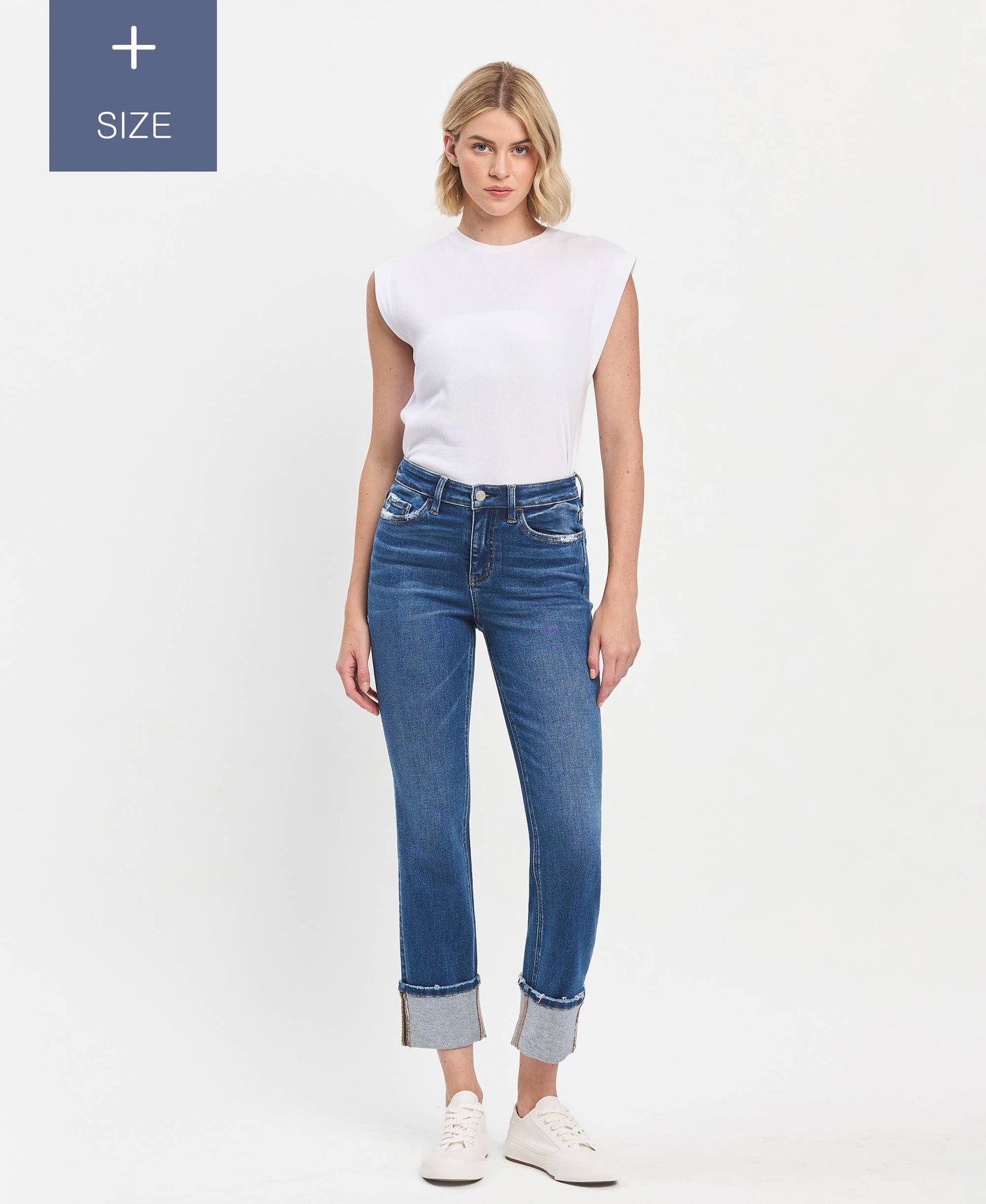 PLUS SIZE HIGH RISE CUFFED SLIM STRAIGHT JEANS