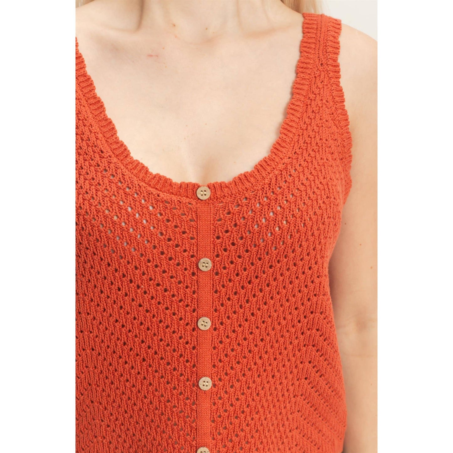 Open Knit Scallop Edge Button Front Tank Top