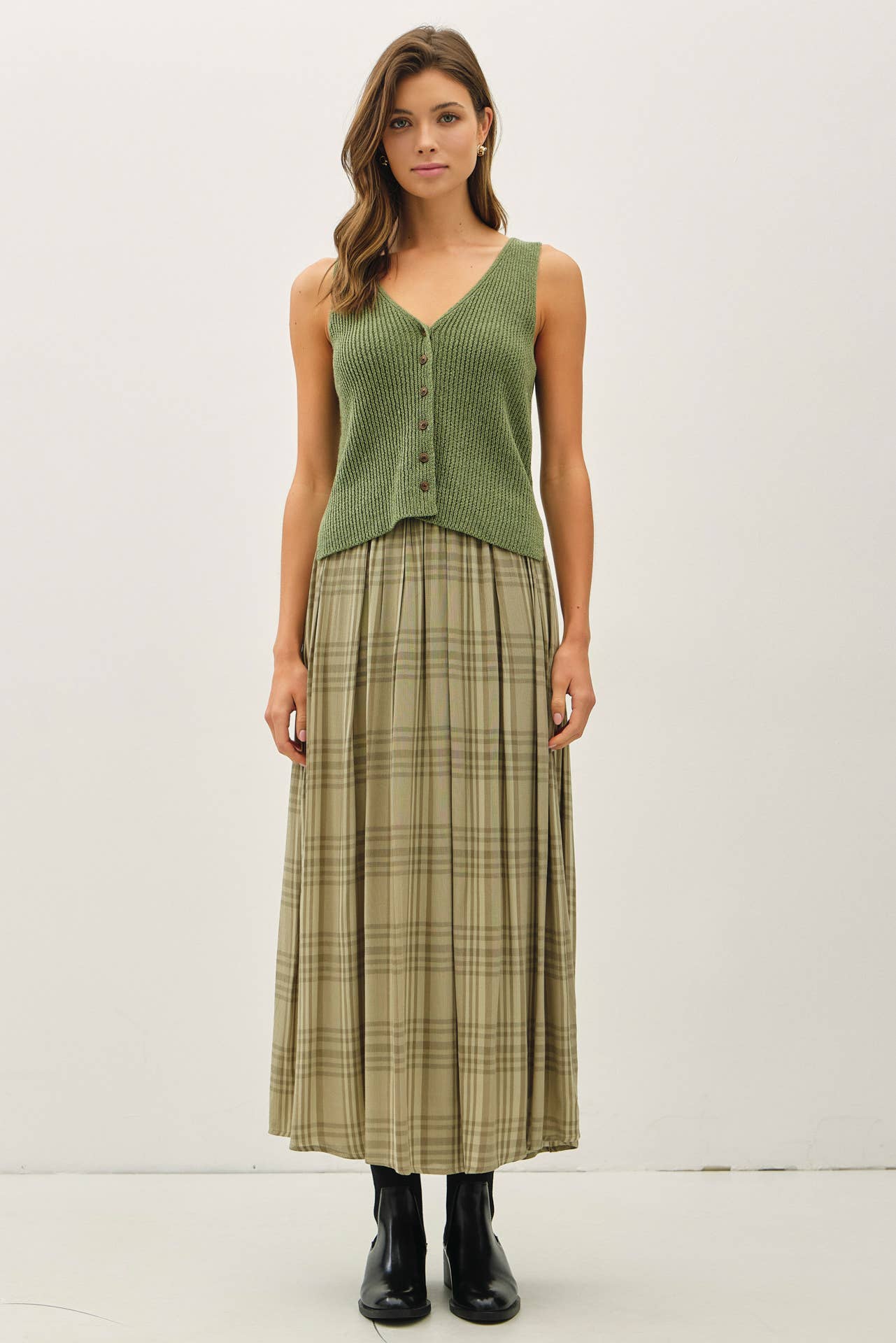 PLAID PRINTED PLEATS MIDI SKIRT