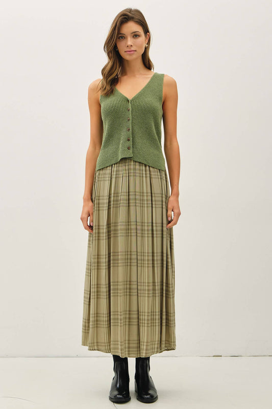 PLAID PRINTED PLEATS MIDI SKIRT