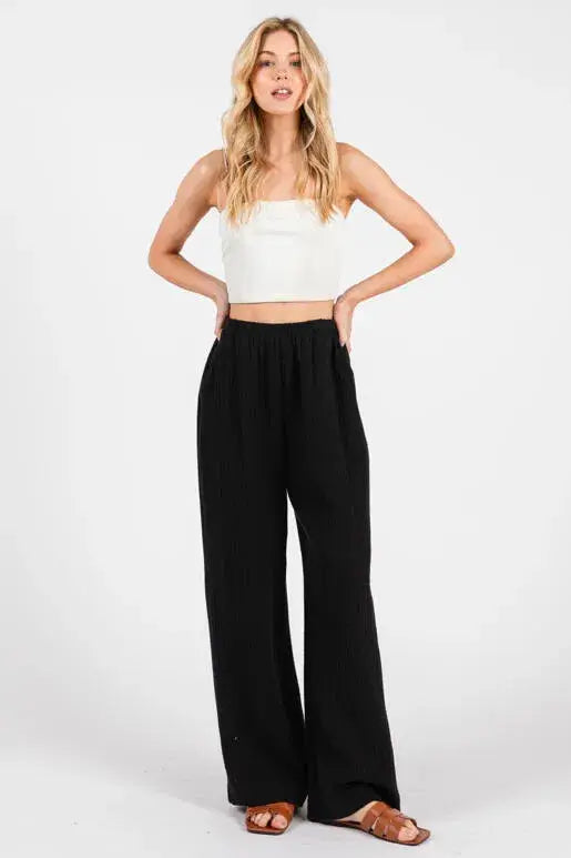 Gauze Waist Elastic Wide Leg Pants - NP70166B