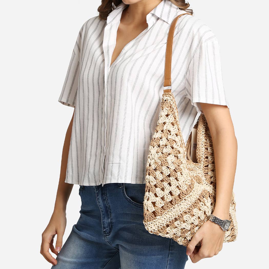 Two-Toned Pattern Design Straw Shoulder Bag