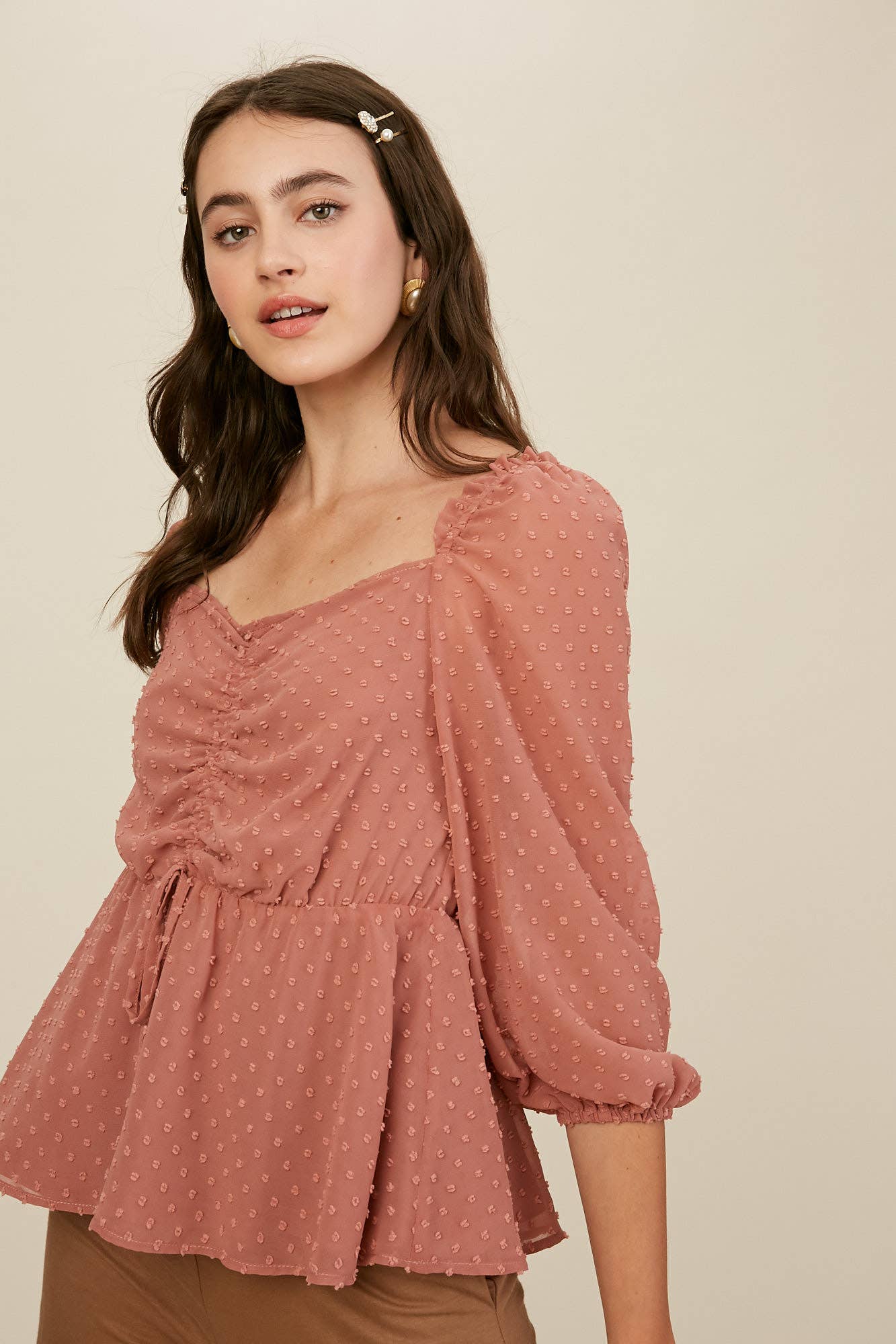 Swiss Dot Ruched Peplum Blouse