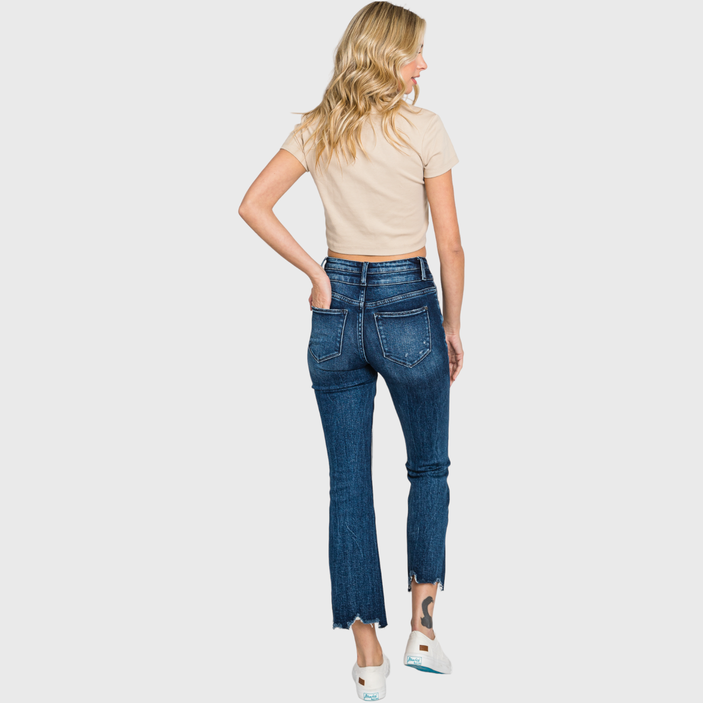 HIGH RISE CROP BOOTCUT JEANS W/ FRAYED HEM