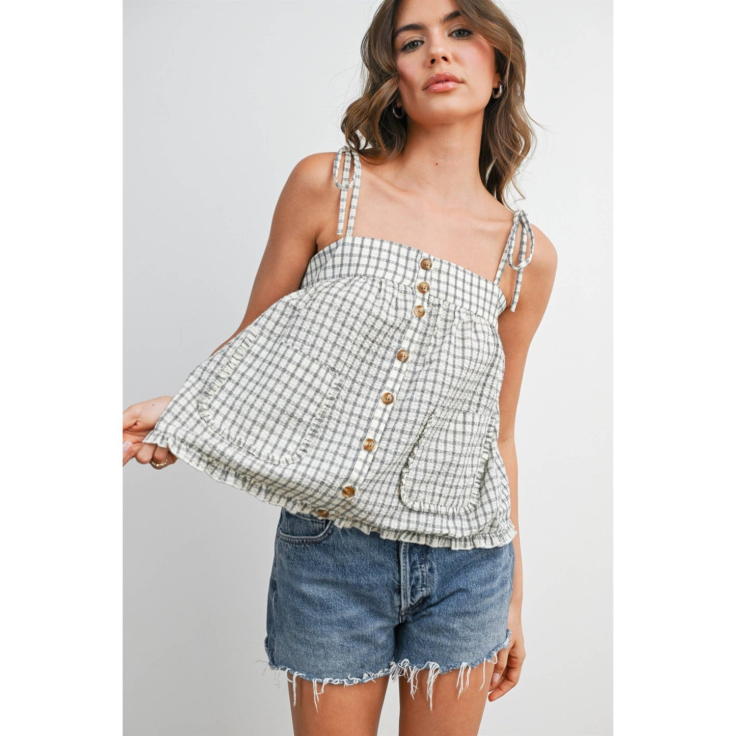 Plaid Tie Shoulder Tank Top-BMT8424