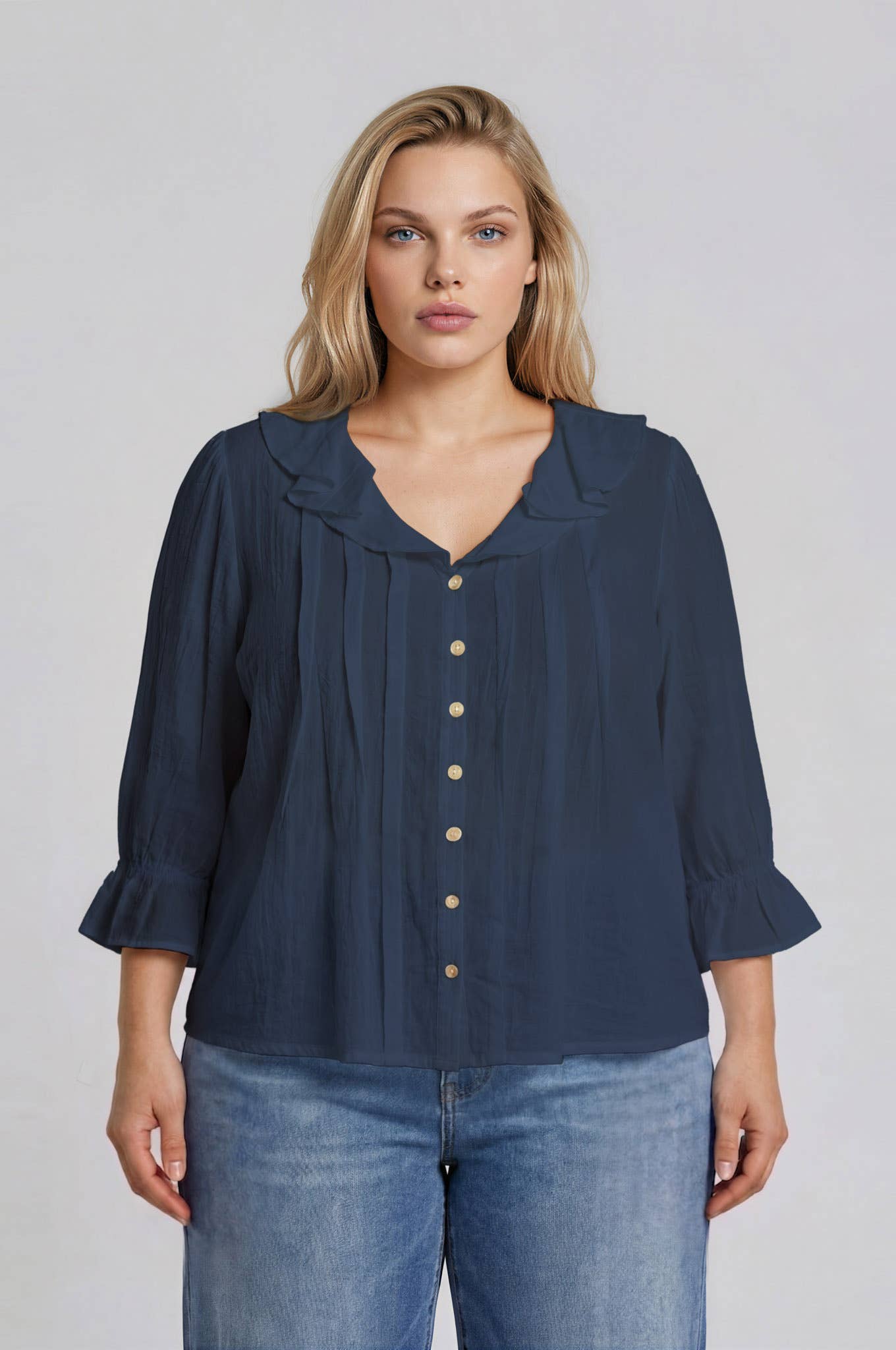 PLUS RUFFLED V NECK BUTTON DOWN
