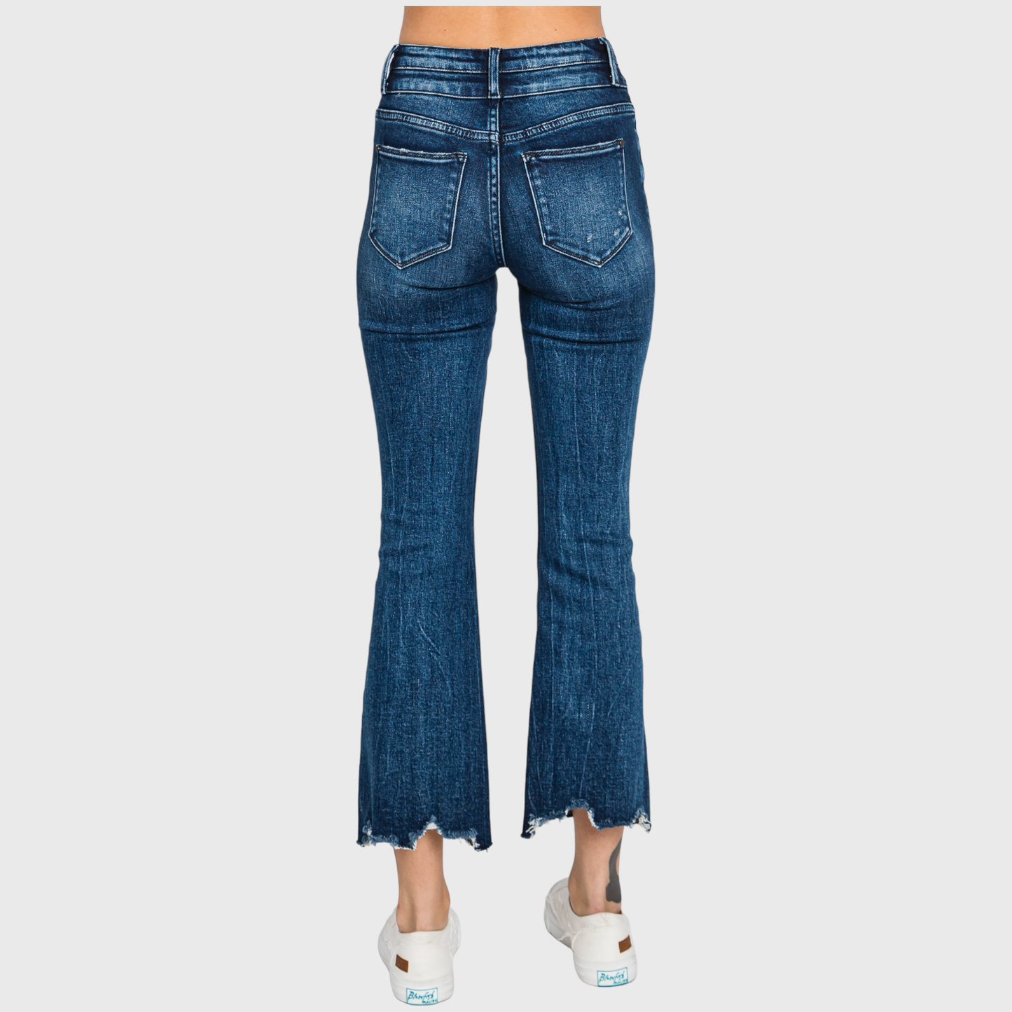 HIGH RISE CROP BOOTCUT JEANS W/ FRAYED HEM