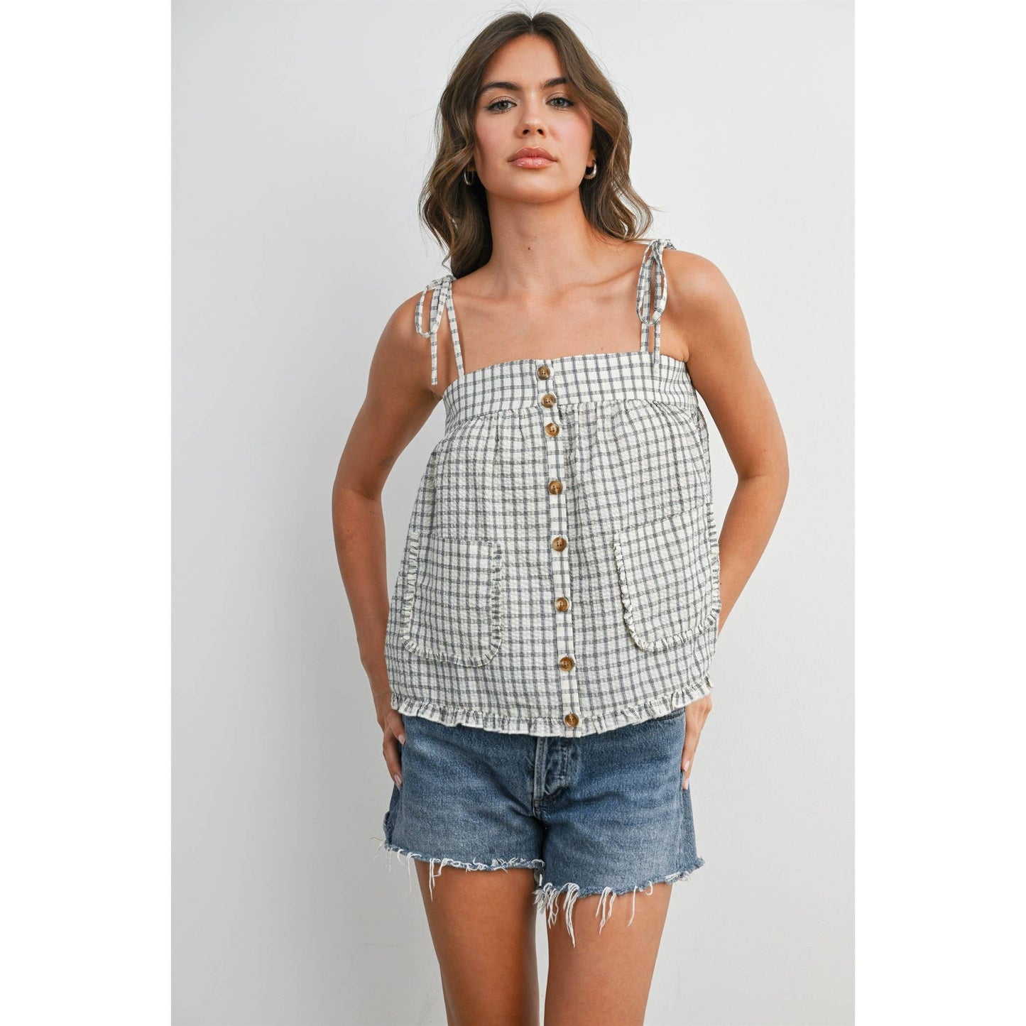 Plaid Tie Shoulder Tank Top-BMT8424