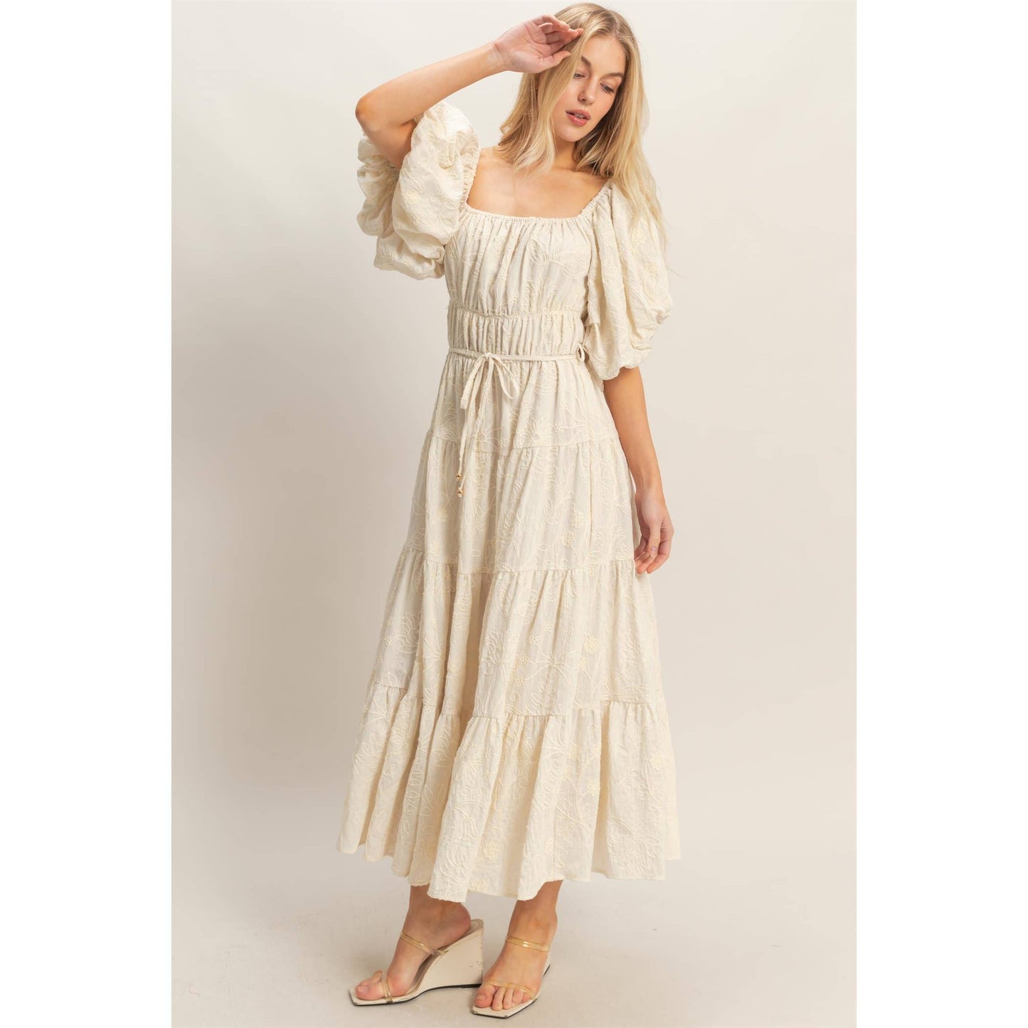 Floral Puff Sleeve Midi Dress: LIGHT BROWN / S-M-L(2-2-2)