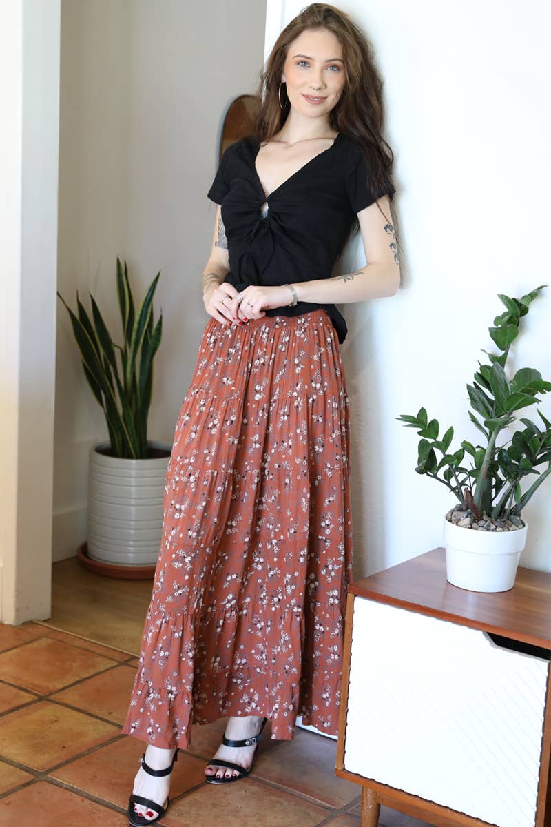 SMOCKED WAIST TIERED MAXI SKIRT