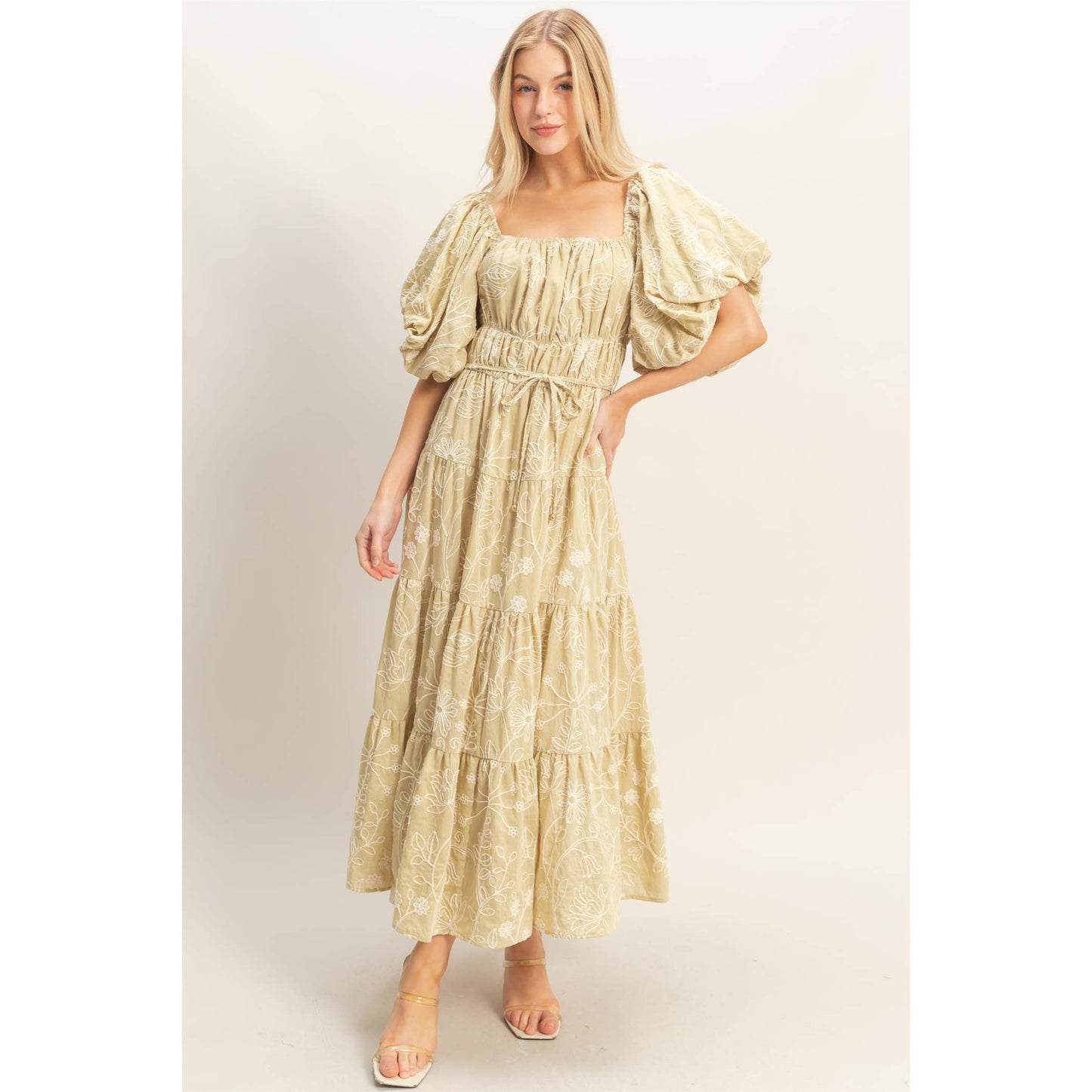 Floral Puff Sleeve Midi Dress: LIGHT BROWN / S-M-L(2-2-2)