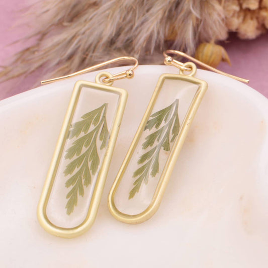 Gold Bar Green Dried Flower Earrings