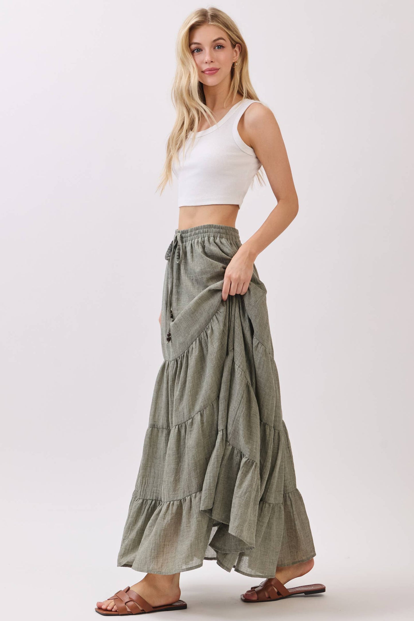 Tiered Coconut Tie Detail Maxi Skirt - VS3009