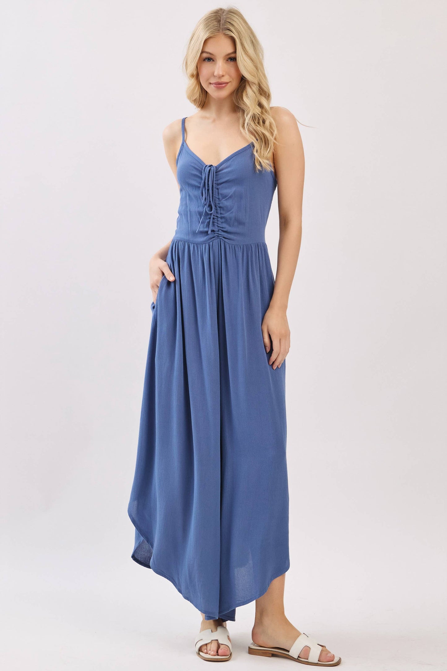 Woven Solid Front Ruched Midi Jumpsuit - VNJU60322