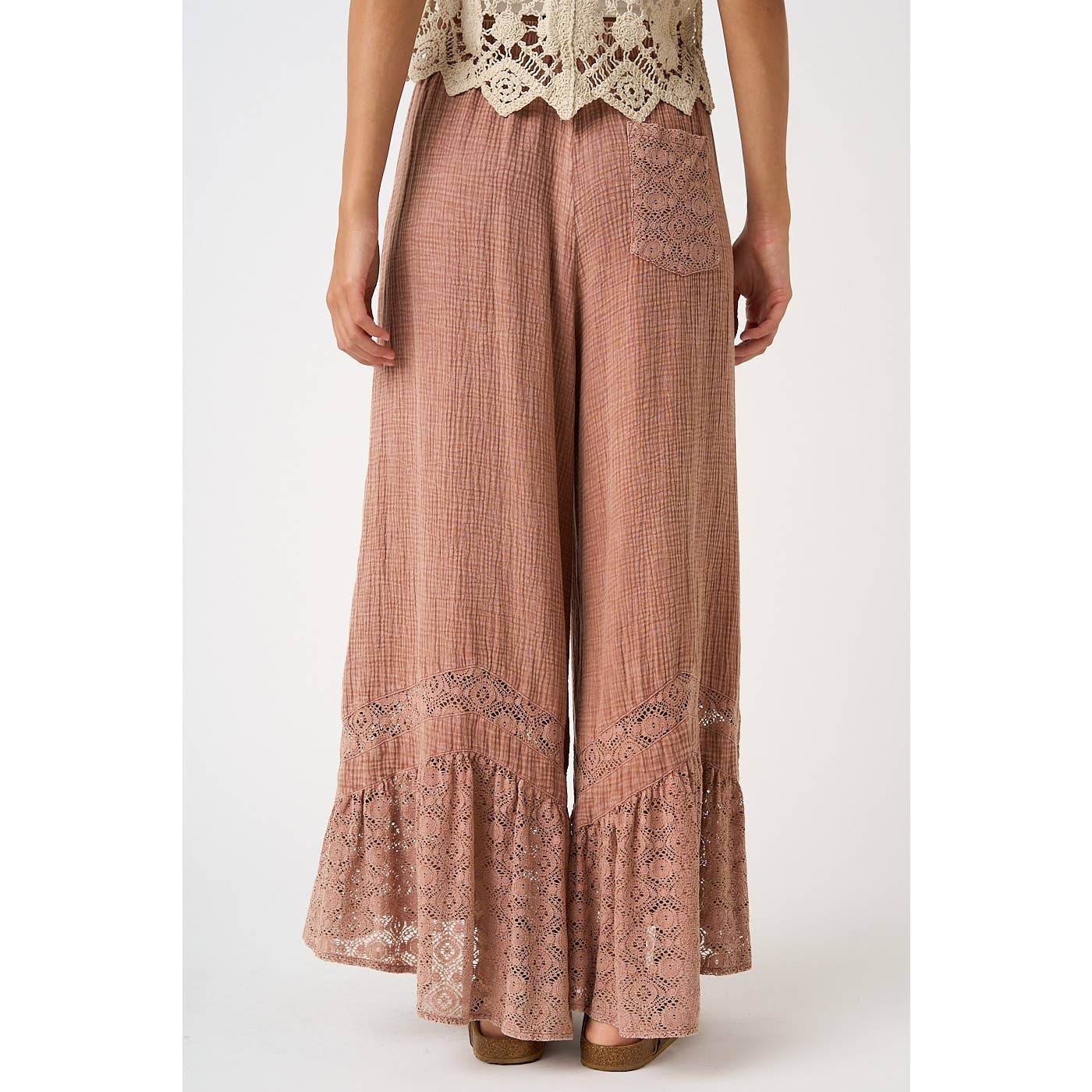 LACE RUFFLE HEM ELASTIC WAIST WIDE LEG PANTS