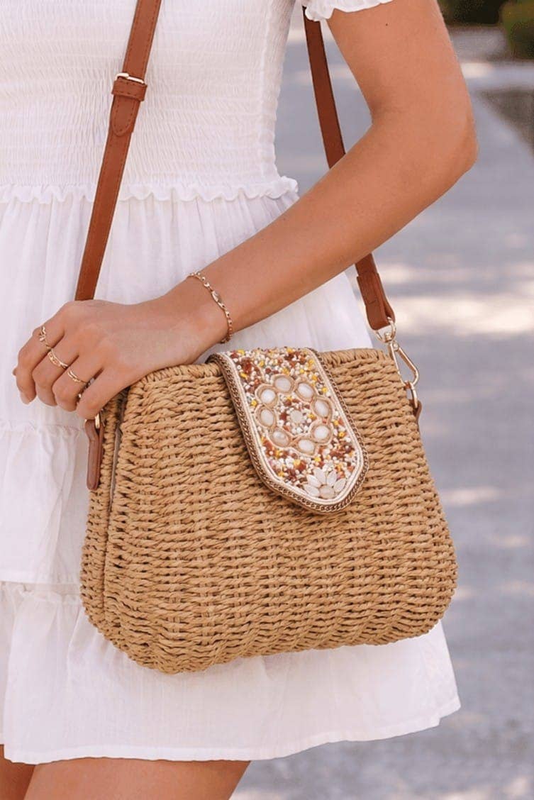 Straw Crossbody Bag Beaded Buckle