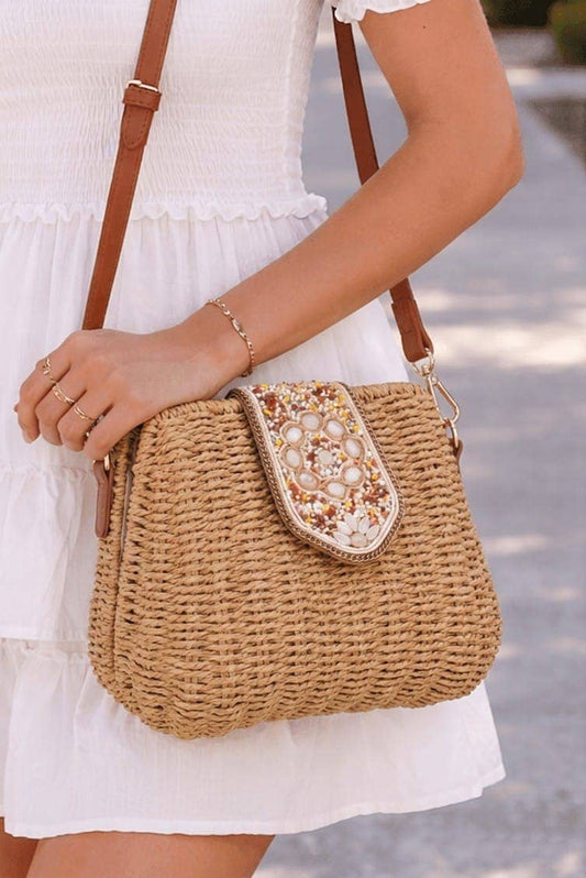 Straw Crossbody Bag Beaded Buckle
