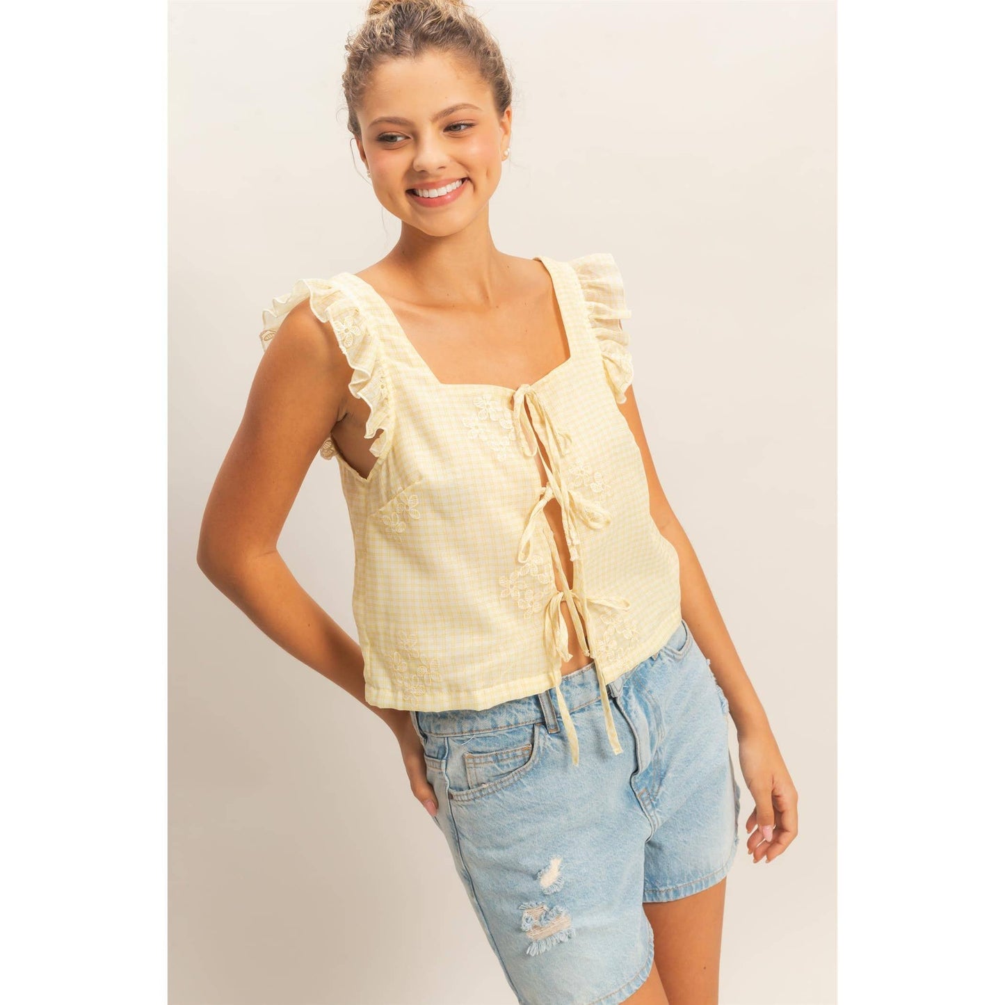 Embroidered Gingham Tie Front Top