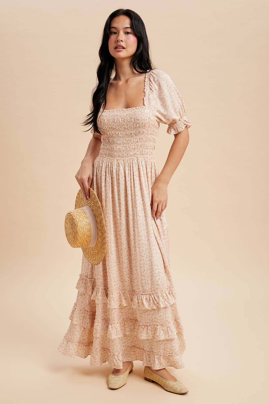 SMOCKED FLORAL MAXI DRESS