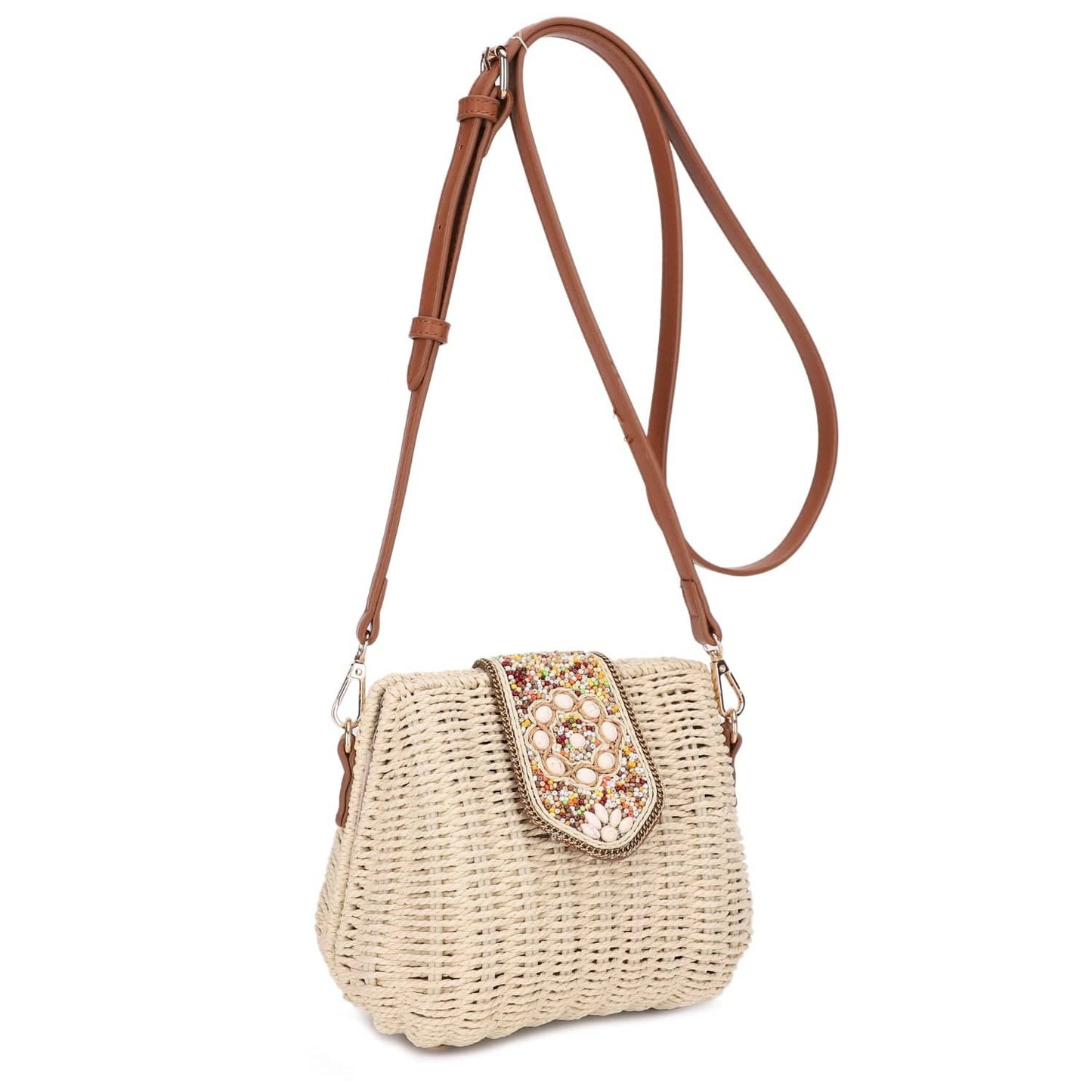 Straw Crossbody Bag Beaded Buckle