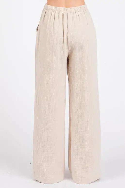 Gauze Waist Elastic Wide Leg Pants - NP70166B