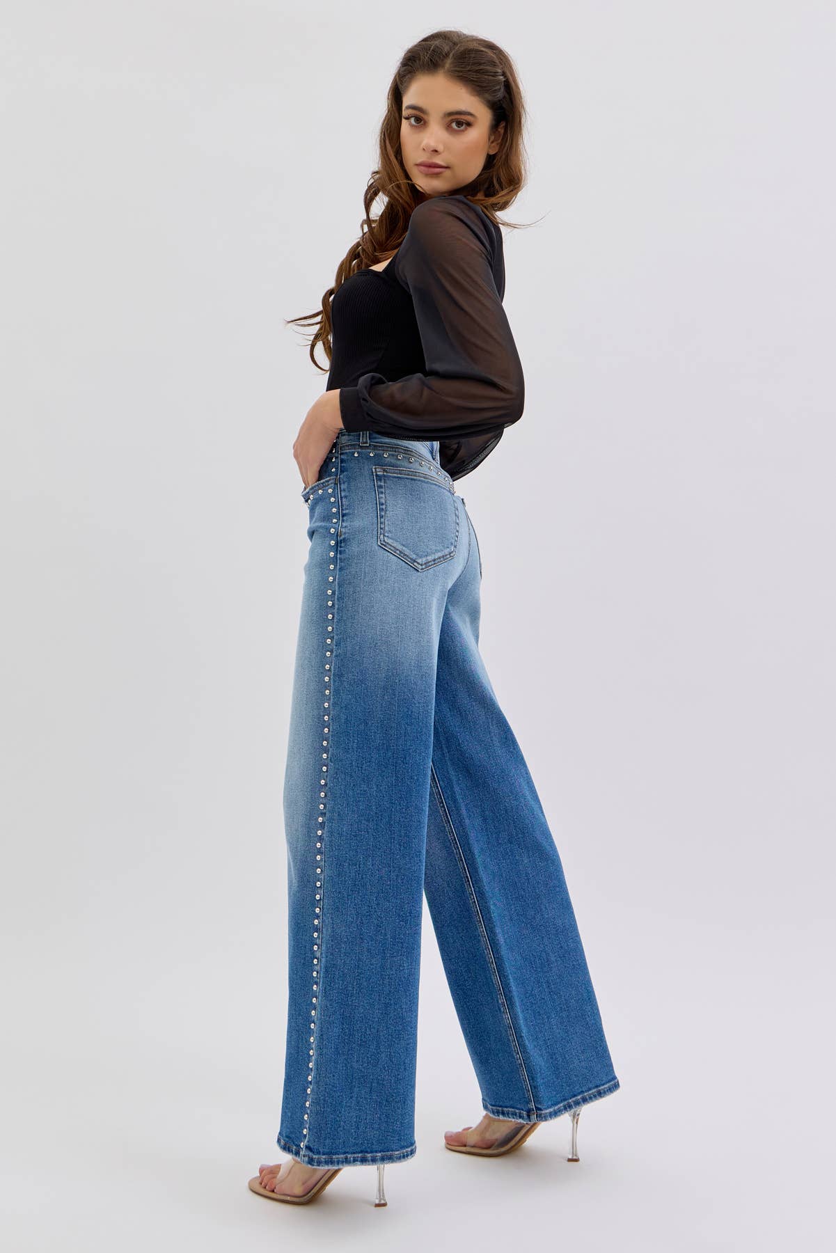 High Rise Studded Wide Leg
