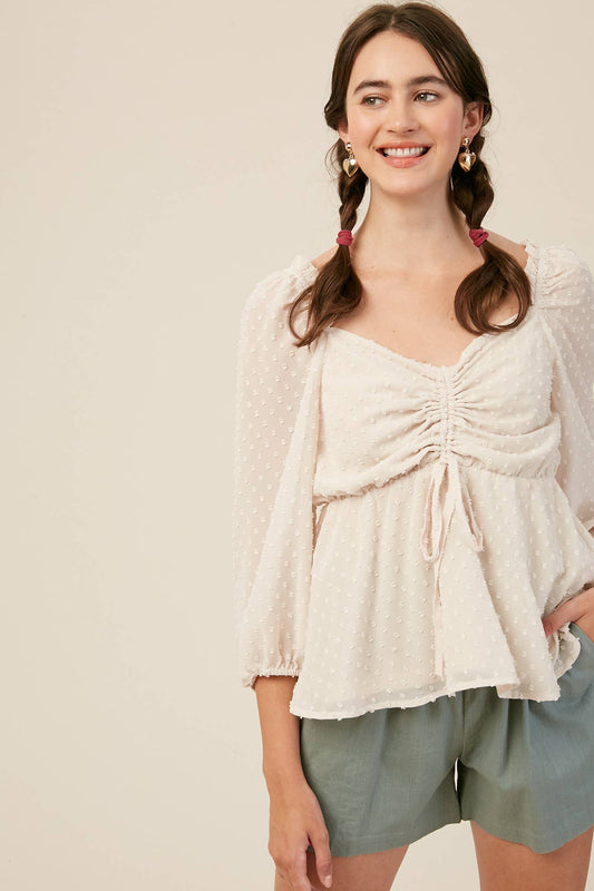 Swiss Dot Ruched Peplum Blouse