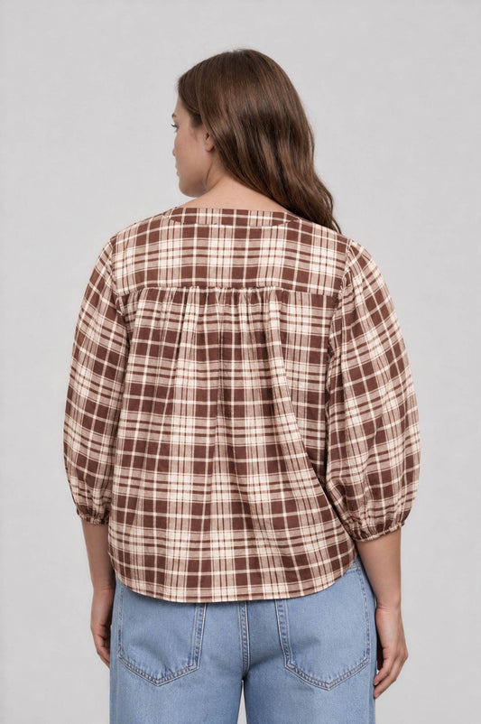 PLUS PLAID 3/4 SLEEVE TOP