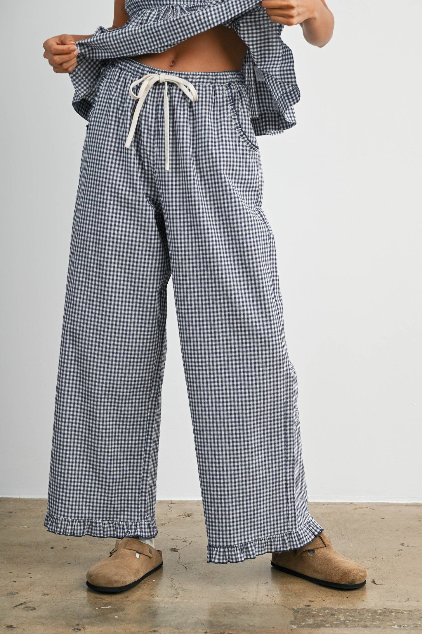 Women's Striped Ruffle Hem Cropped Pants- BMP8476