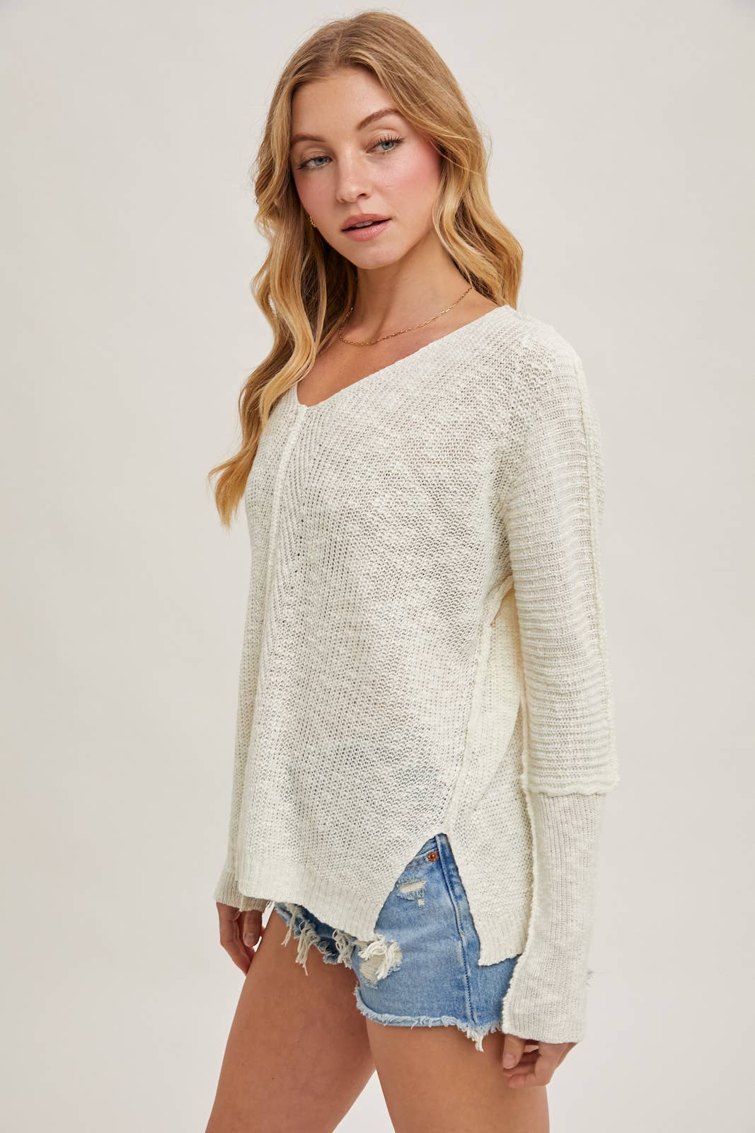 SHEER LOOSEFIT V-NECK KNIT SWEATER PULLOVER