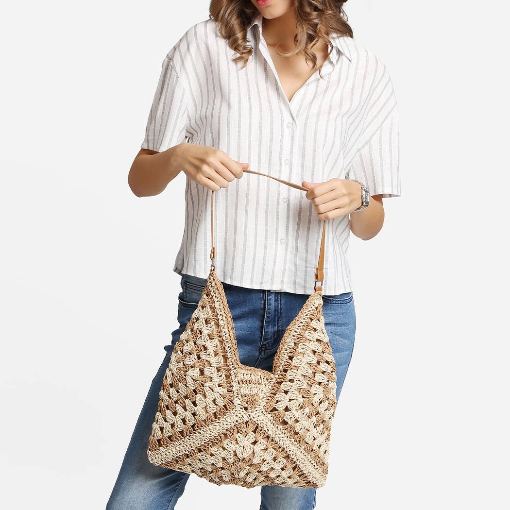 Two-Toned Pattern Design Straw Shoulder Bag