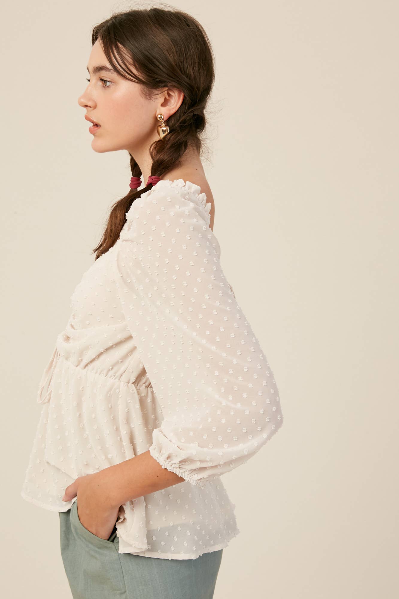 Swiss Dot Ruched Peplum Blouse