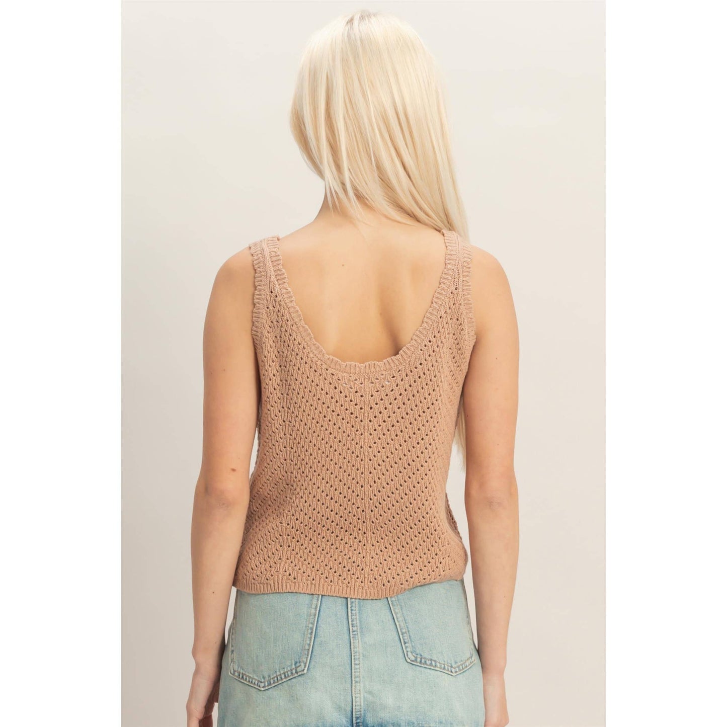 Open Knit Scallop Edge Button Front Tank Top