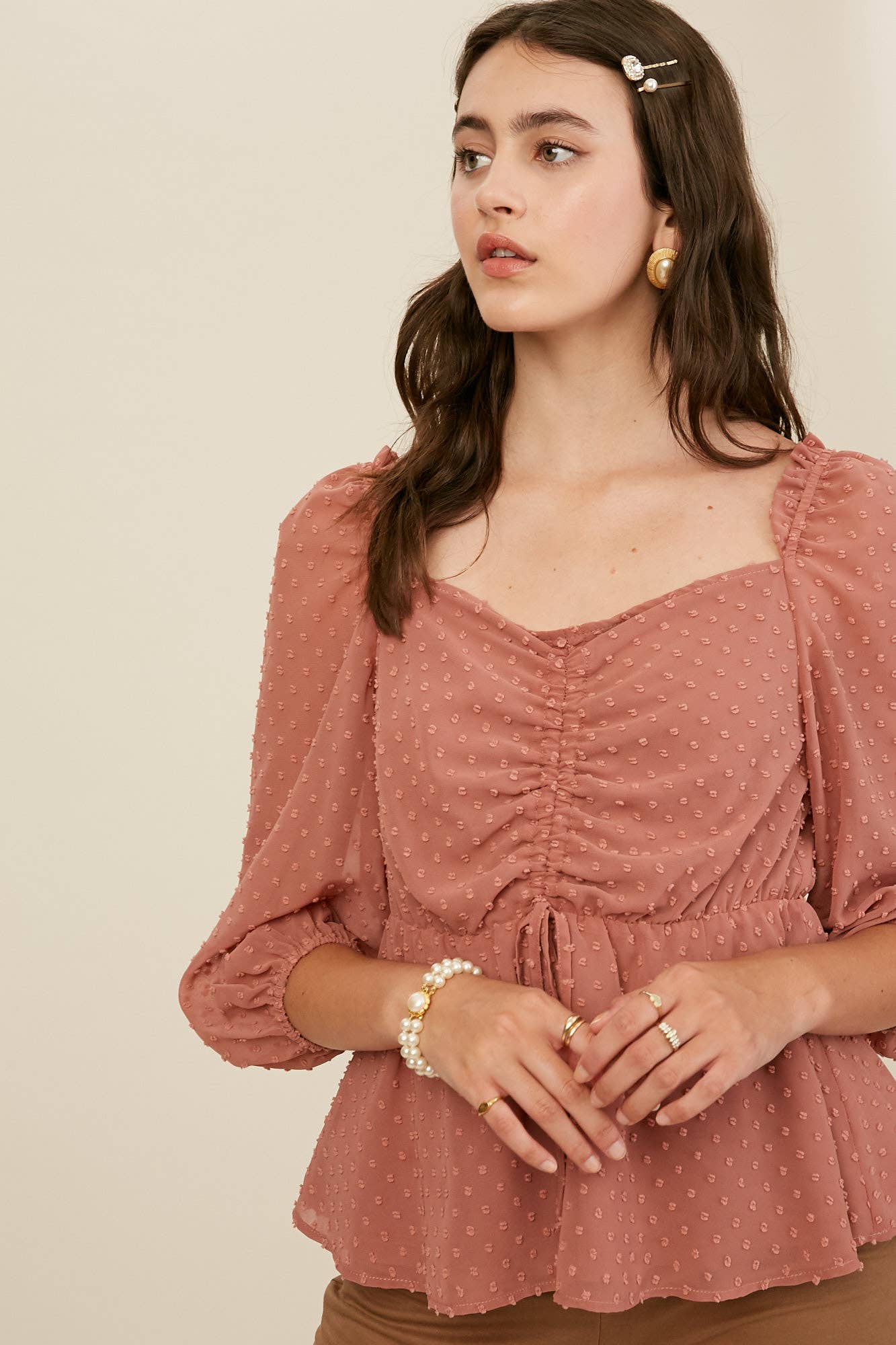 Swiss Dot Ruched Peplum Blouse