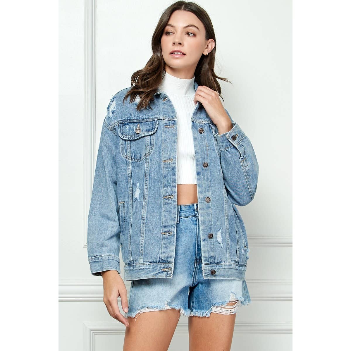 Med Wash Distressed Classic Denim Jacket