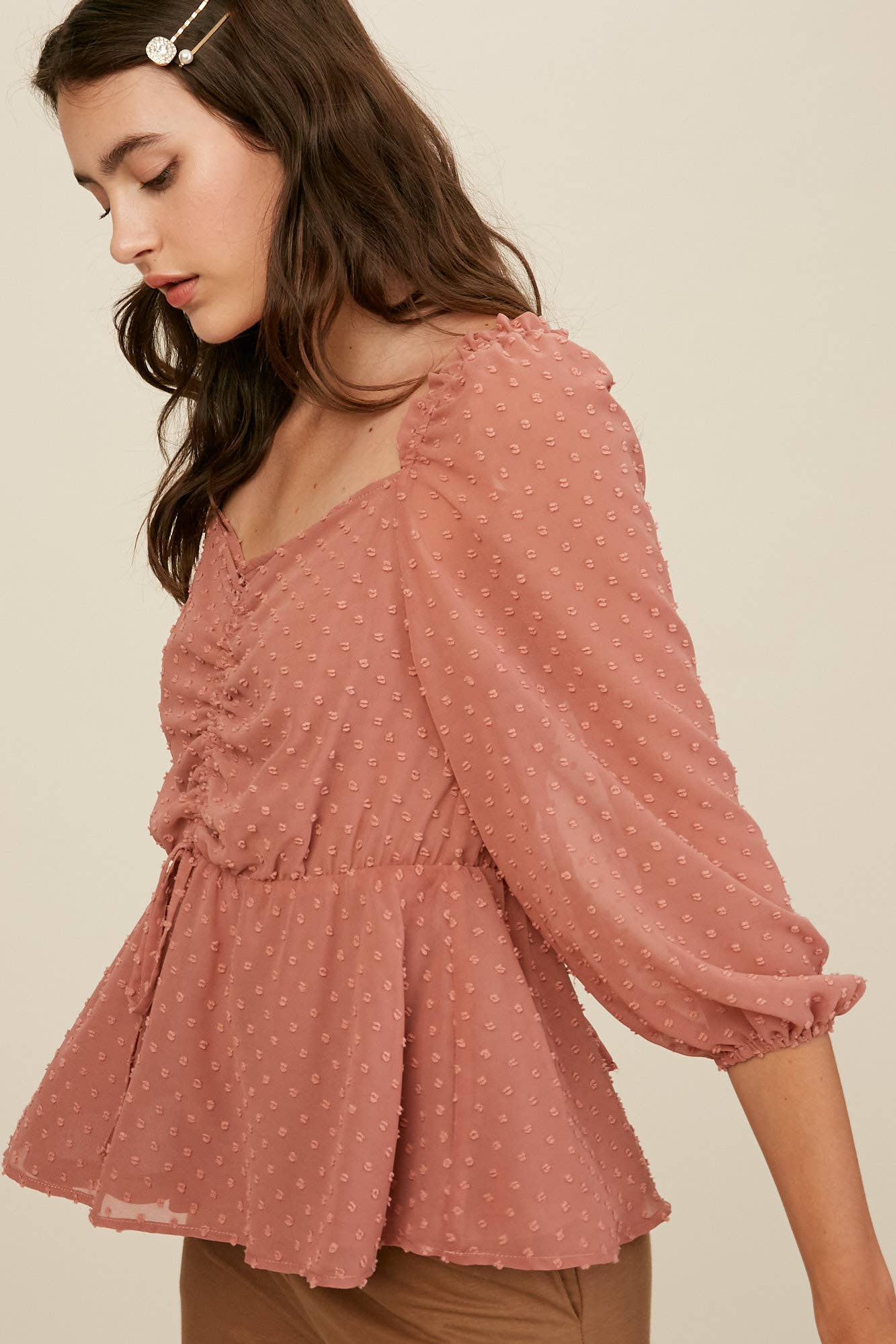 Swiss Dot Ruched Peplum Blouse