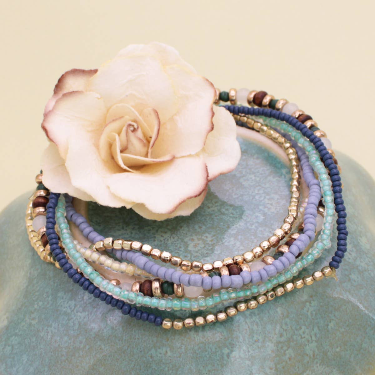 Cream Blue Green Stretch Bracelets Set