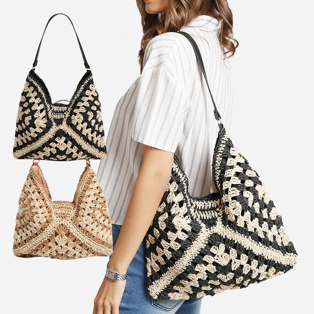 Two-Toned Pattern Design Straw Shoulder Bag