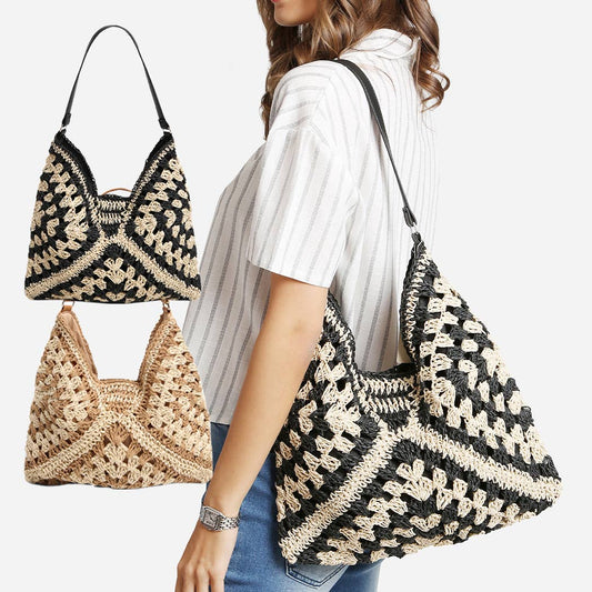 Two-Toned Pattern Design Straw Shoulder Bag