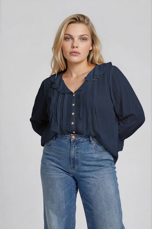 PLUS RUFFLED V NECK BUTTON DOWN