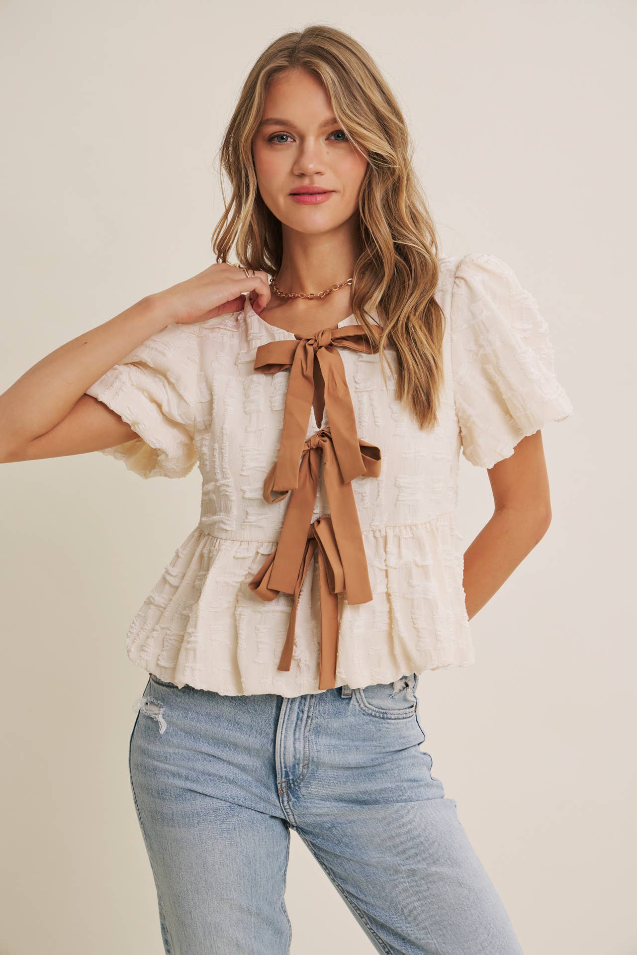 BUBBLE  BOW FRONT BABYDOLL BLOUSE