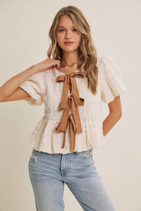 BUBBLE BOW FRONT BABYDOLL BLOUSE