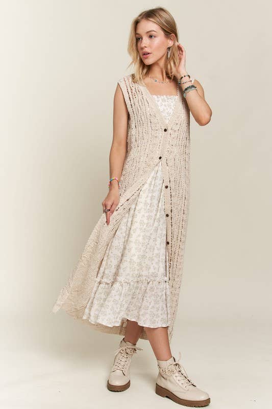 BUTTON DOWN CROCHET LONG CARDIGAN - CEJ3614