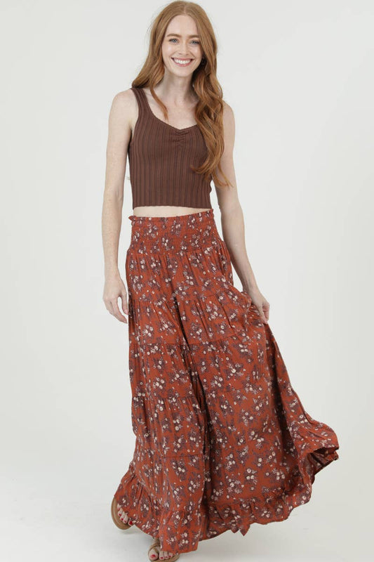 SMOCKED WAIST TIERED MAXI SKIRT