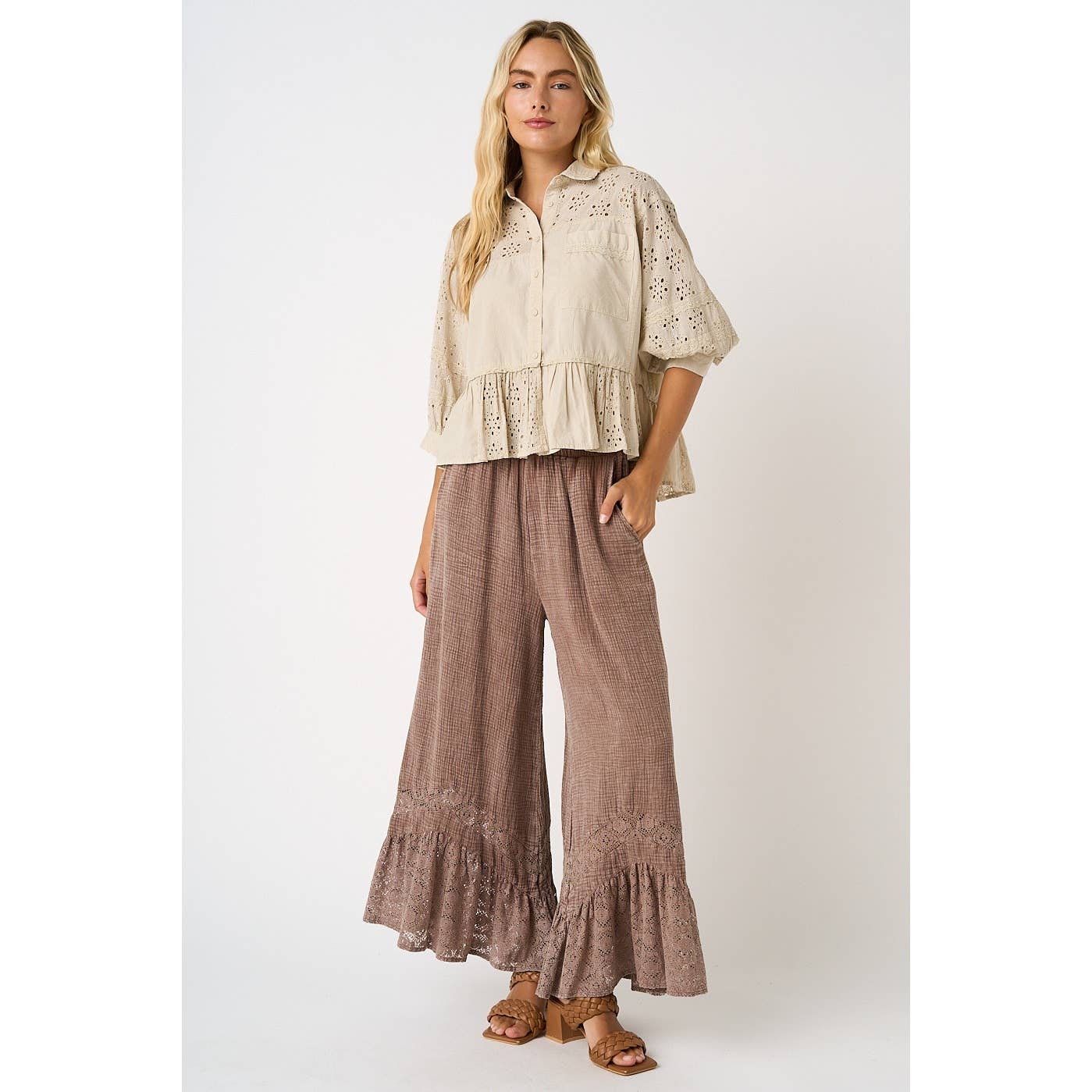 LACE RUFFLE HEM ELASTIC WAIST WIDE LEG PANTS