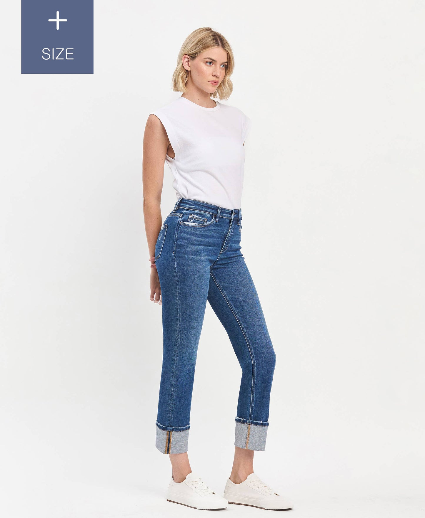 PLUS SIZE HIGH RISE CUFFED SLIM STRAIGHT JEANS
